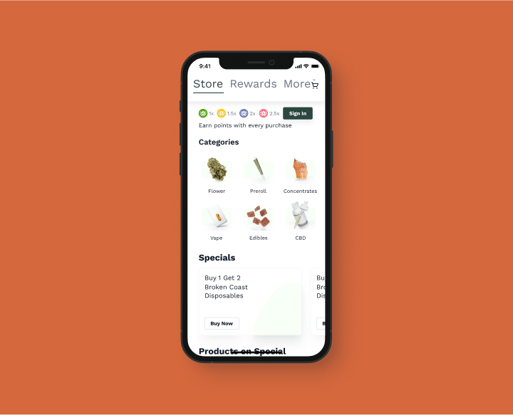 Dankley mobile app interface showing cannabis menu, rewards, and online ordering for delivery