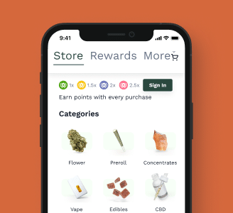 Dankley mobile app interface showing cannabis menu, rewards, and online ordering for delivery